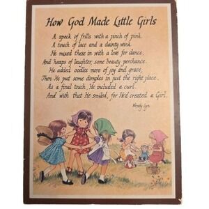 Vintage Wendy Lyn How God Made Little Girls Wood Wall Plaque Poem Nursery Decor